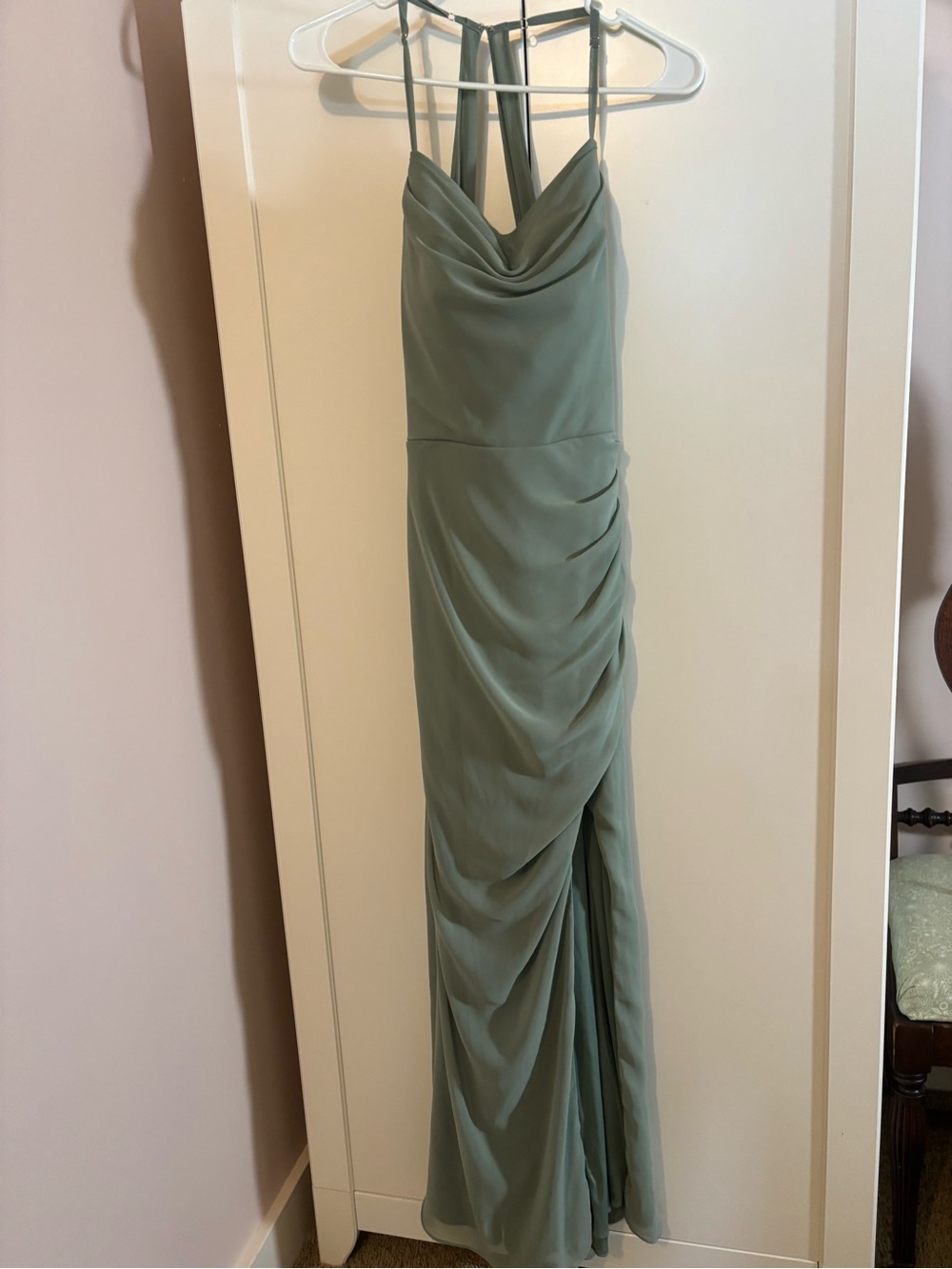 Sage Green Cowl Neck Maxi Dress with Draped Side Detail
